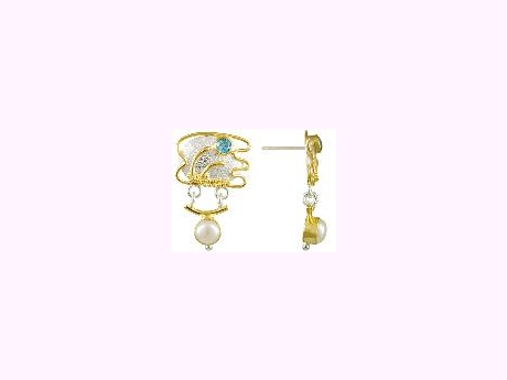 Michou Gemstone Earrings - Two Tone 925 Silver & 22 Kt Yellow Gold, Blue Topaz, Mabe Pearls