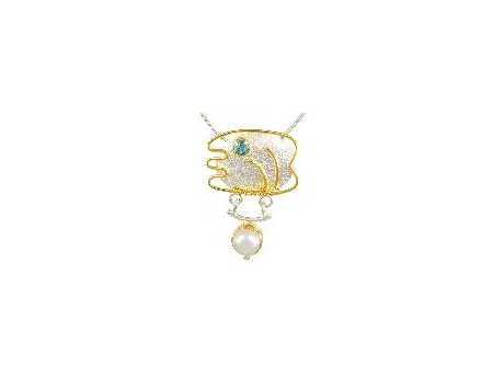 Michou Gemstone Pendant - Two Tone Lady's Free Form Pendant, Blue Topaz, Mabe Pearl w/ Adjustable Sterling Silver Snake Chain