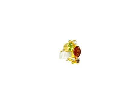 Michou Gemstone Ring - Two Tone Sterling Silver / 22kt Yellow Gold Ring, w/ amethyst, rhodolite garnet, mabe pearls, peridot, & amber