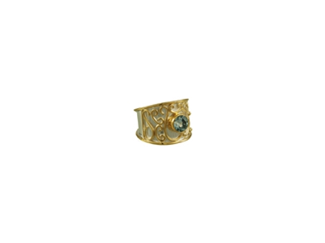 Michou Wide Band Gemstone Ring - Two tone Sterling Silver / 22kt Yellow Gold Ring, w/ Swiss Blue Topaz