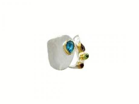 Michou Wide Band Gemstone Ring - Contemporary wide band free form sterling silver ring with 22K gold accents set with blue topaz, amethyst, peridot and rhodolite garnet.